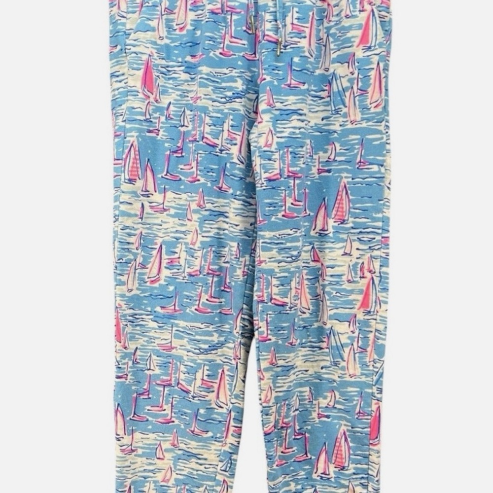 LILLY PULITZER Emora Knit Pant LARGE Boatylicious Sailboat Blue Stretchy Jogger